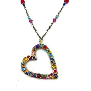 Red Heart Necklace Antiqued Tone with Quilling Artistry Michal Golan Swarovski
